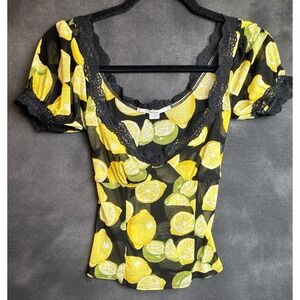 Kimchi Blue Lemon Blouse Small Lace Trim Top Yellow Floral Urban Outfitters Boho